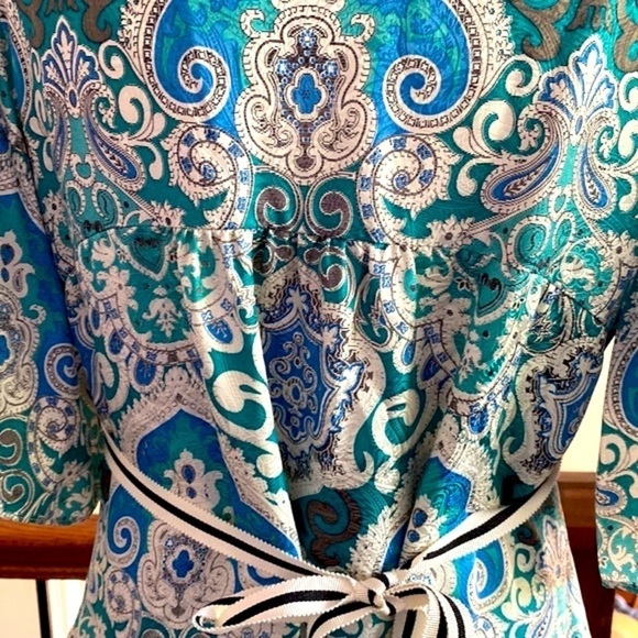 Phoebe Couture Blue & Green Silk Boho Short Sleeves Mini Dress size 8 - Picture 5 of 14